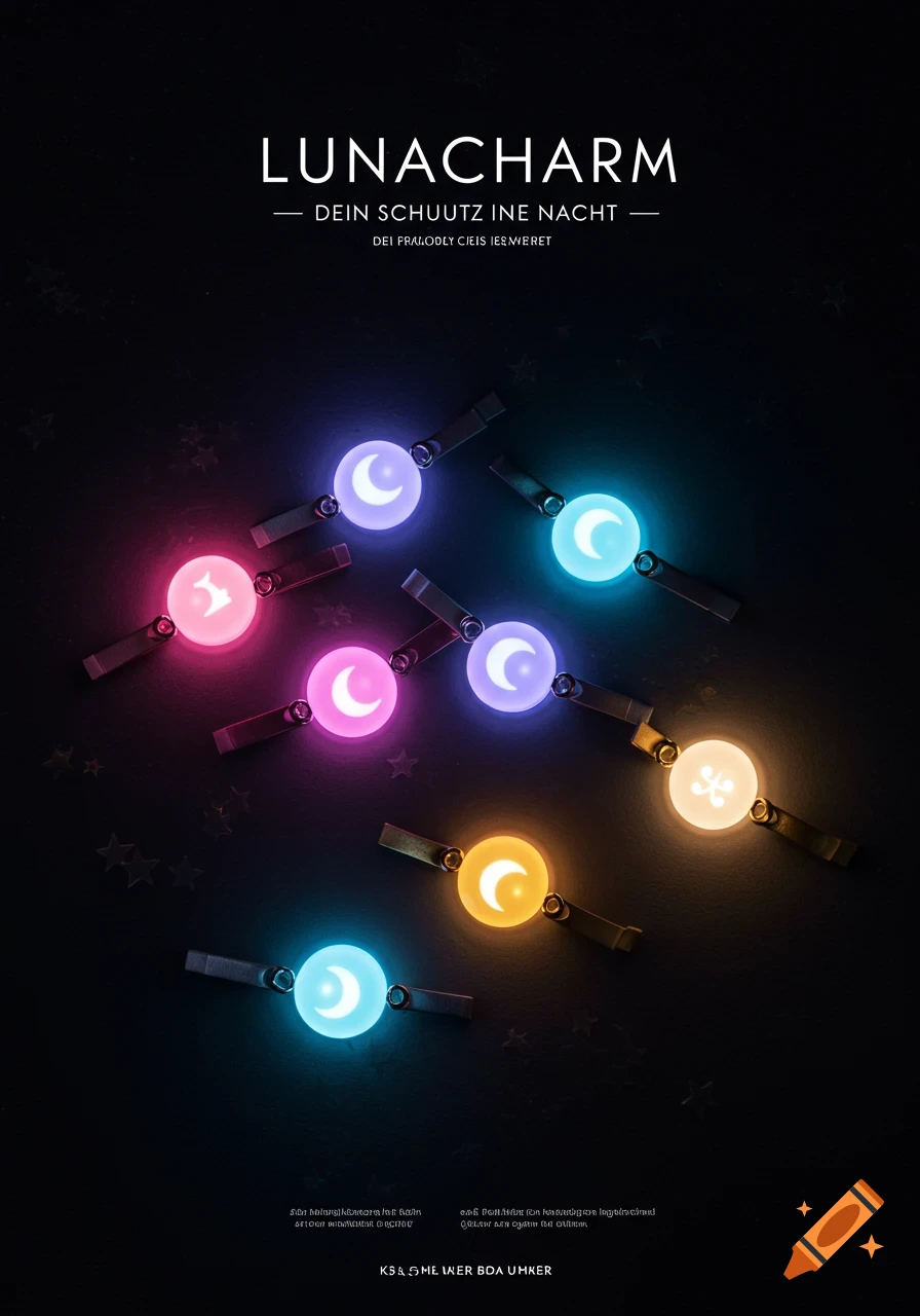 An advertisement for "LUNACHARM" featuring several glowing charms in pink, purple, blue, and gold with crescent moon or star symbols, against a dark, starry background.