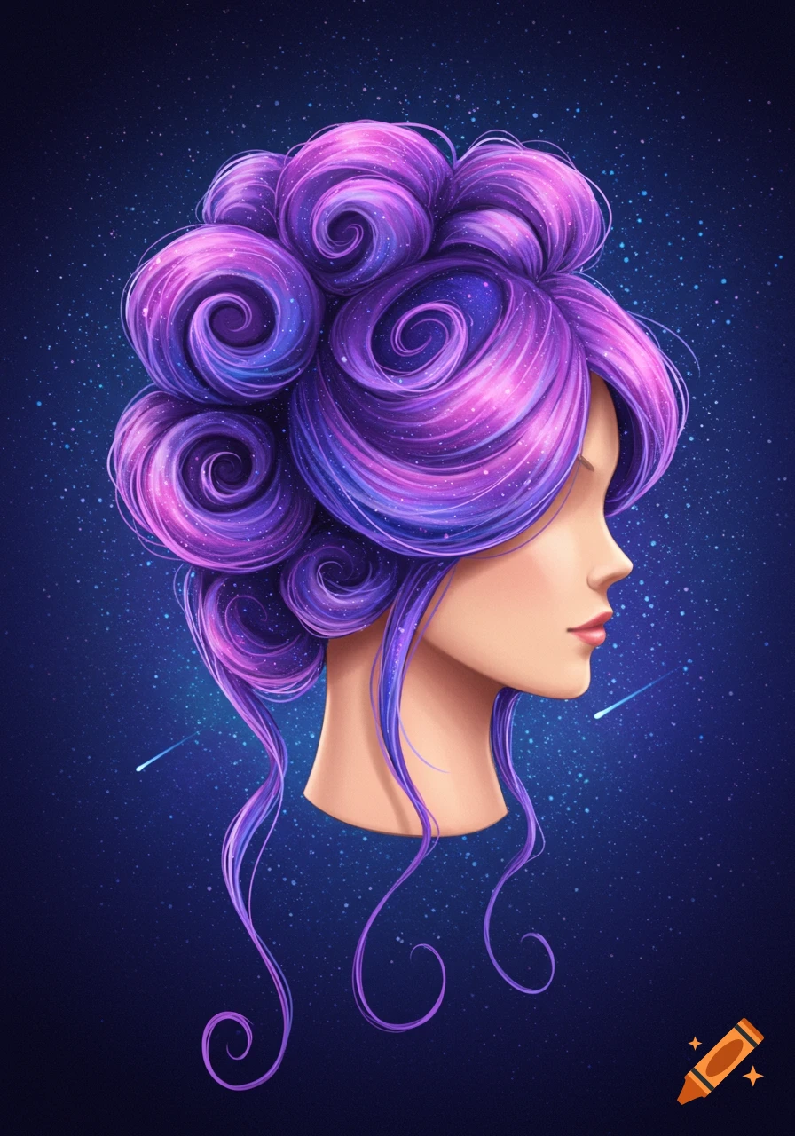 Stylized profile portrait of a woman with elaborate purple, galaxy-themed hair against a starry night sky.