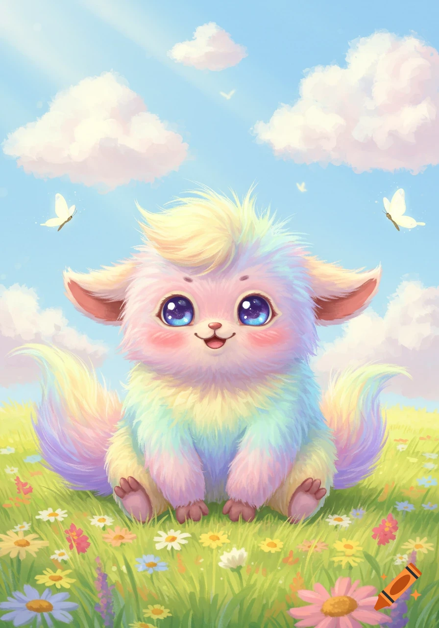 A cute, fluffy, pastel rainbow creature with big blue eyes sits in a field of colorful flowers under a bright blue sky with clouds and butterflies, digital illustration.