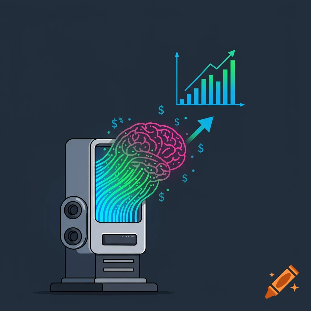 Stylized illustration of a machine feeding data to a glowing brain, leading to an upward-trending sales graph.