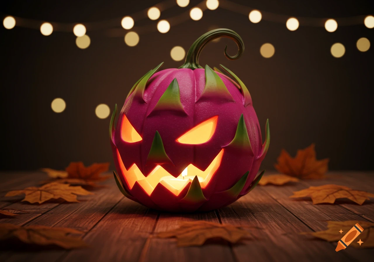 A vibrant pink dragon fruit-shaped jack-o'-lantern with glowing carved features sits on a wooden surface, surrounded by autumn leaves and soft string lights.