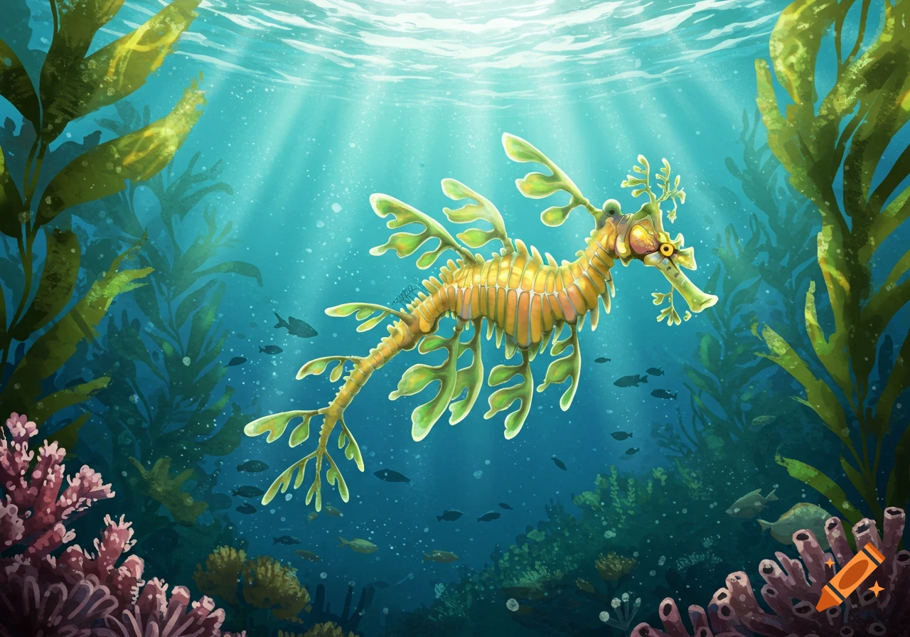 A vibrant illustration of a leafy sea dragon swimming in a bright blue ocean among green kelp and coral, with light rays from above.