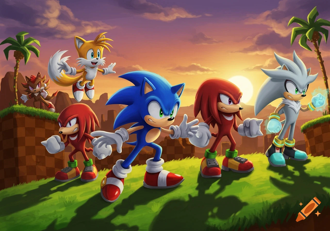 Knuckles, Shadow, Sonic, and Tails pose against a sunset skyline in a ...
