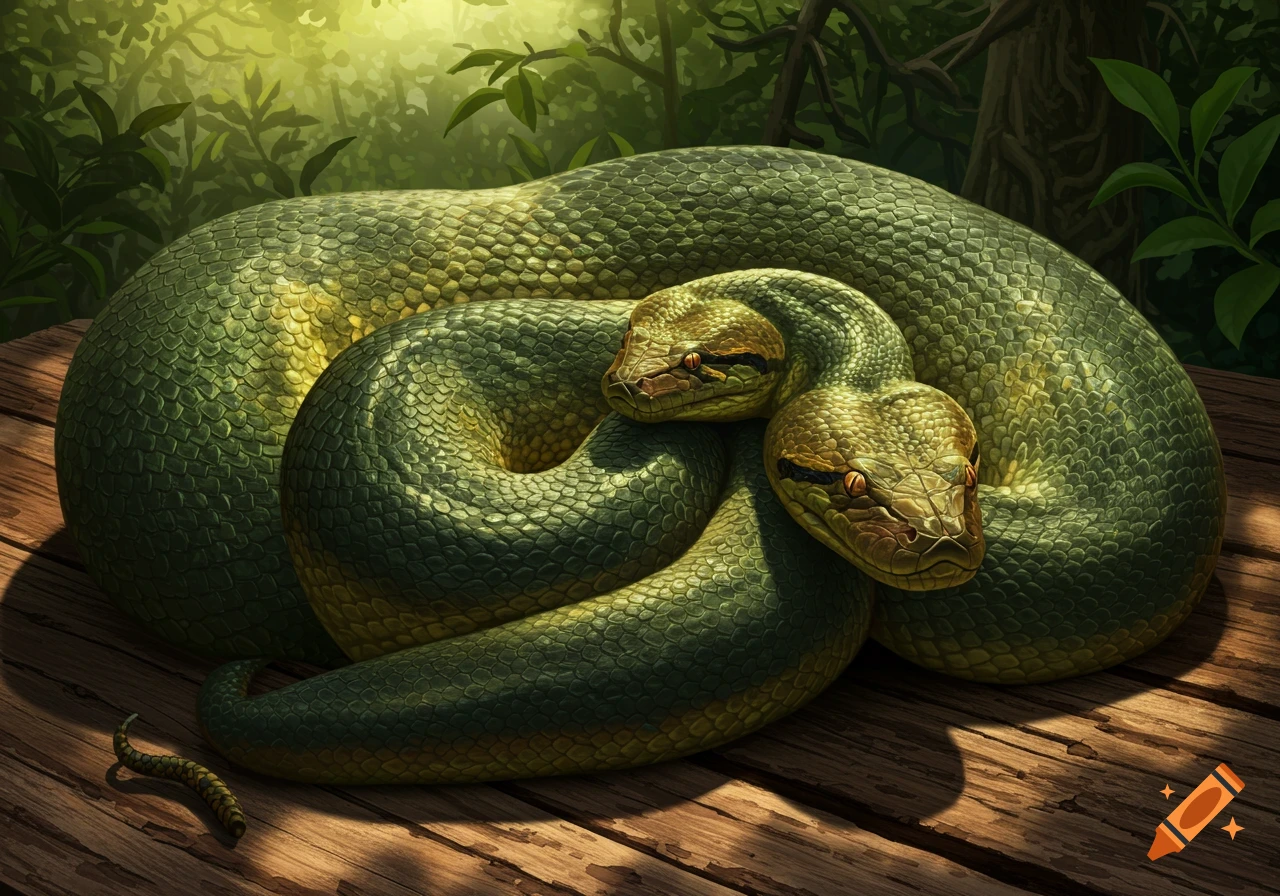 Two large green anaconda snakes coiled together on a wooden surface in a lush, sunlit jungle environment.