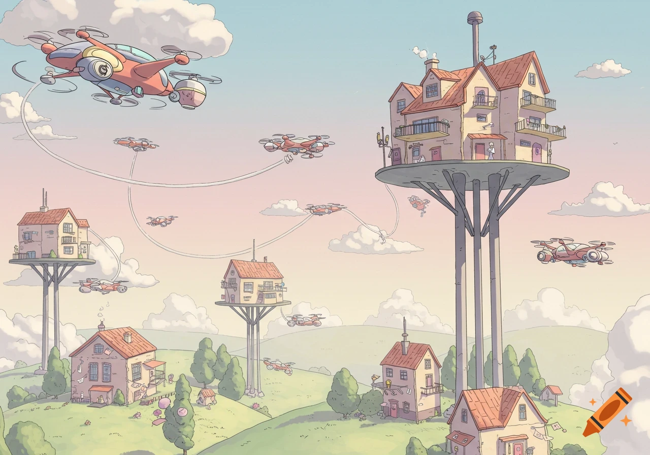Cartoon illustration of a whimsical futuristic city with houses on tall poles and drone-like vehicles flying between them.