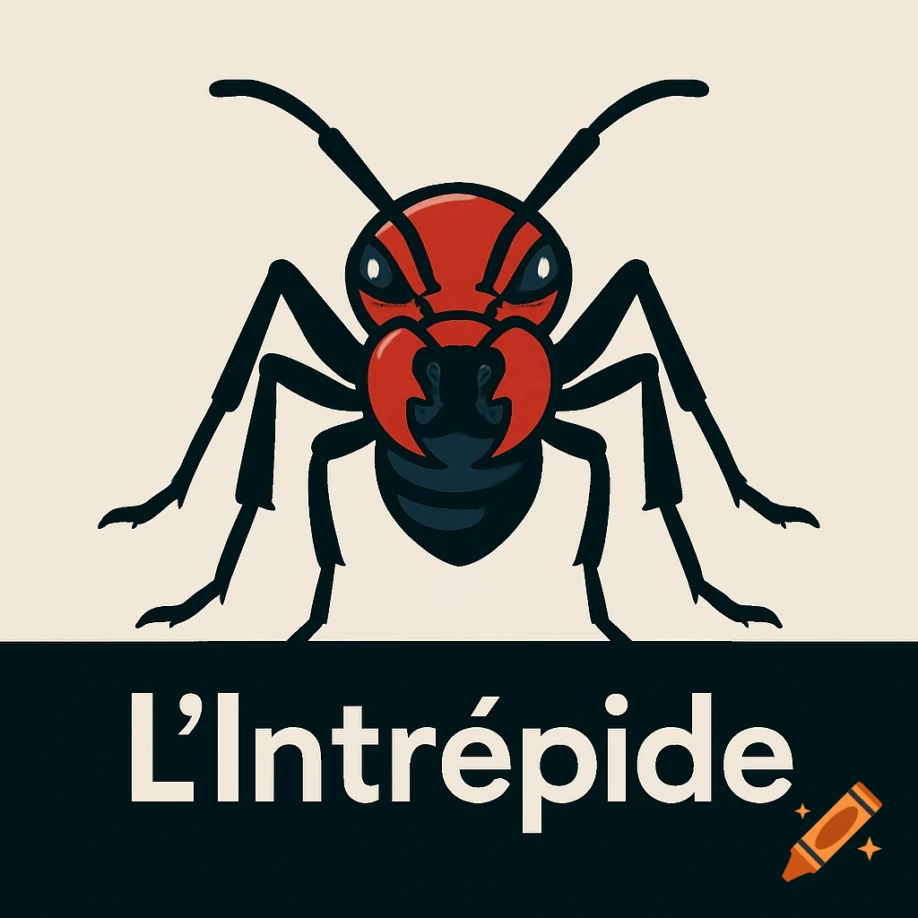 A stylized illustration of a red and black ant with the text "L'Intrépide" below it on a dark bar.