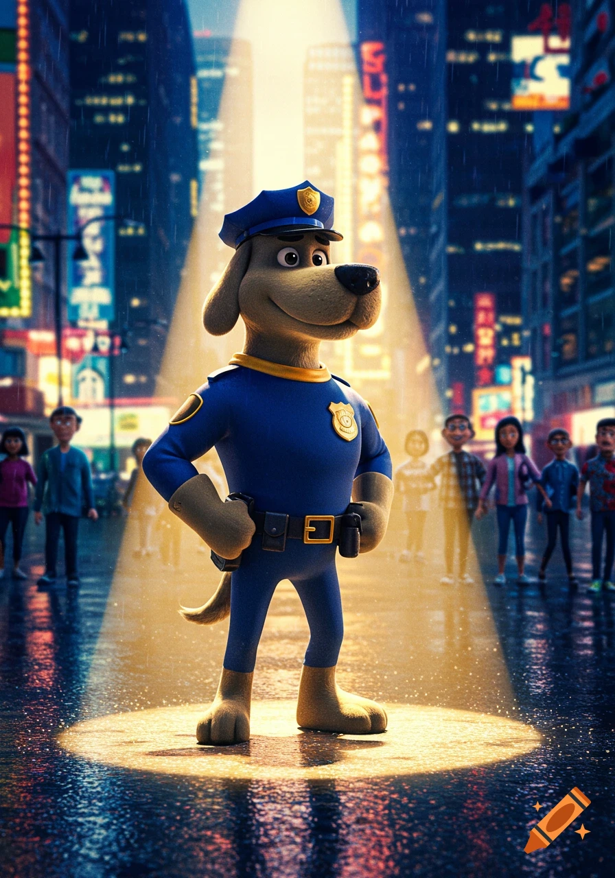 A confident cartoon dog police officer stands in a spotlight on a wet city street at night, with blurred figures and neon lights in the background.