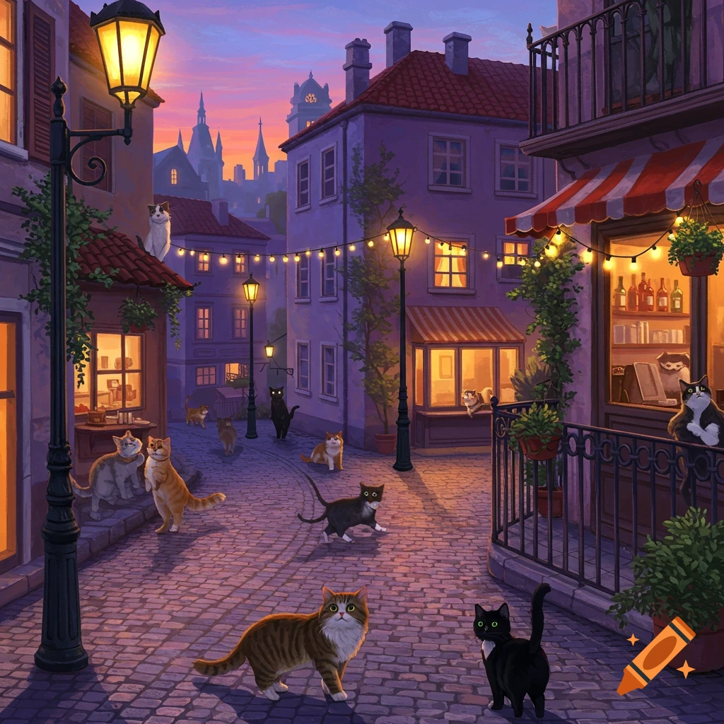 An enchanting illustration of numerous cats wandering a cobblestone street at dusk, lined with warmly lit buildings and lanterns.