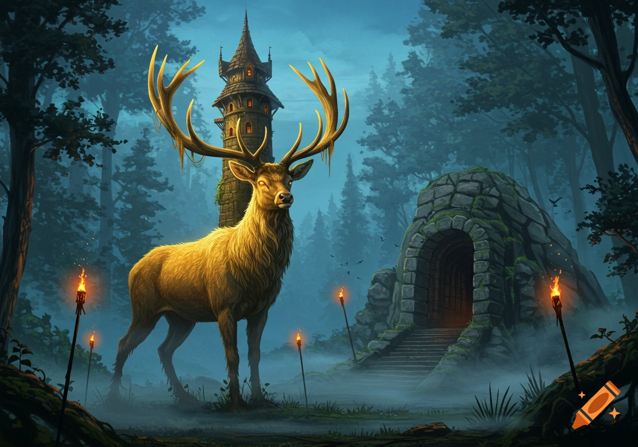 A majestic golden deer with large antlers stands in a misty fantasy forest with a tall stone tower and a dungeon entrance, lit by torches.