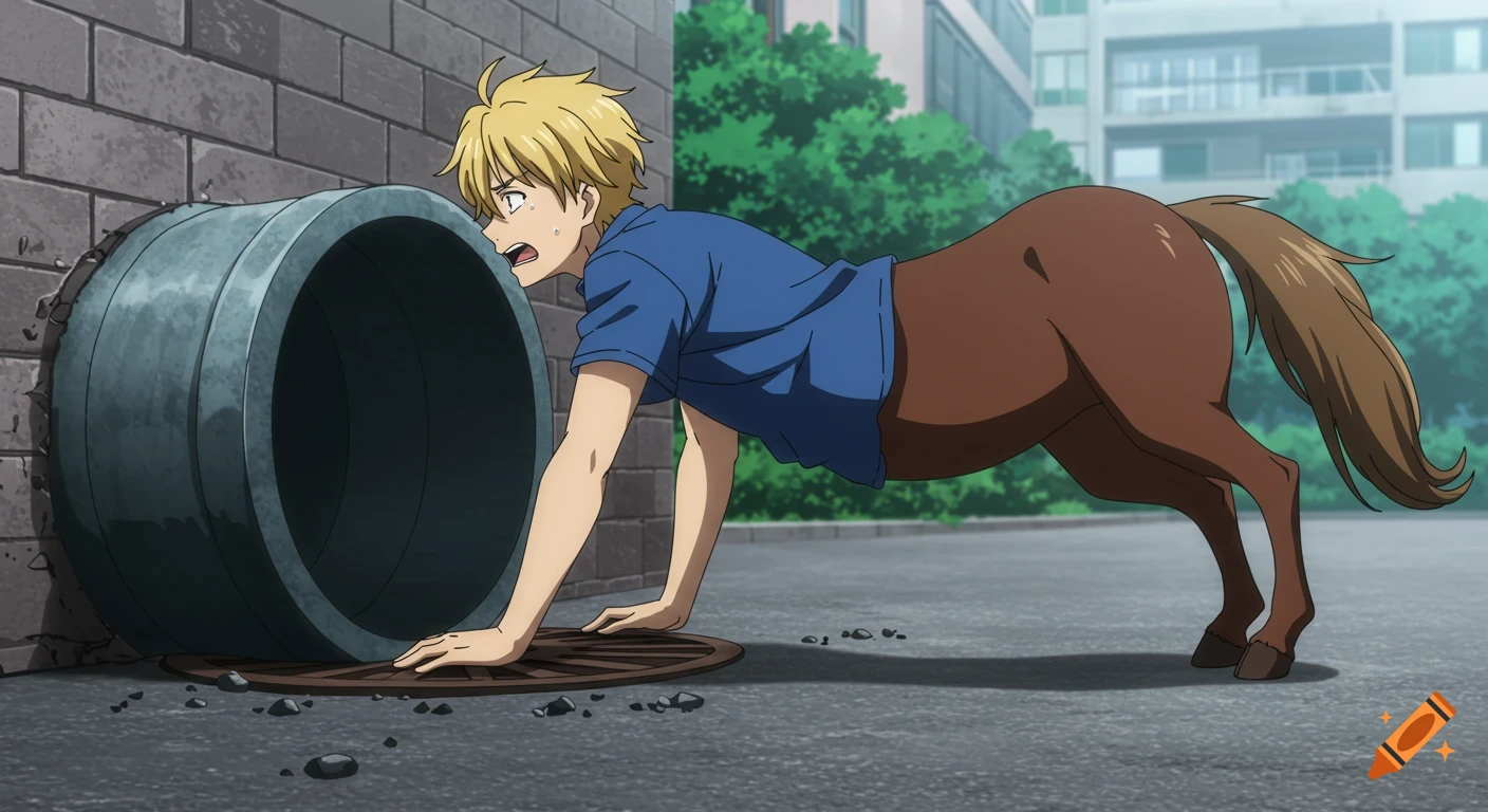 A blond anime centaur, with a brown equine body, struggles to climb out of a large drain pipe on an urban street.