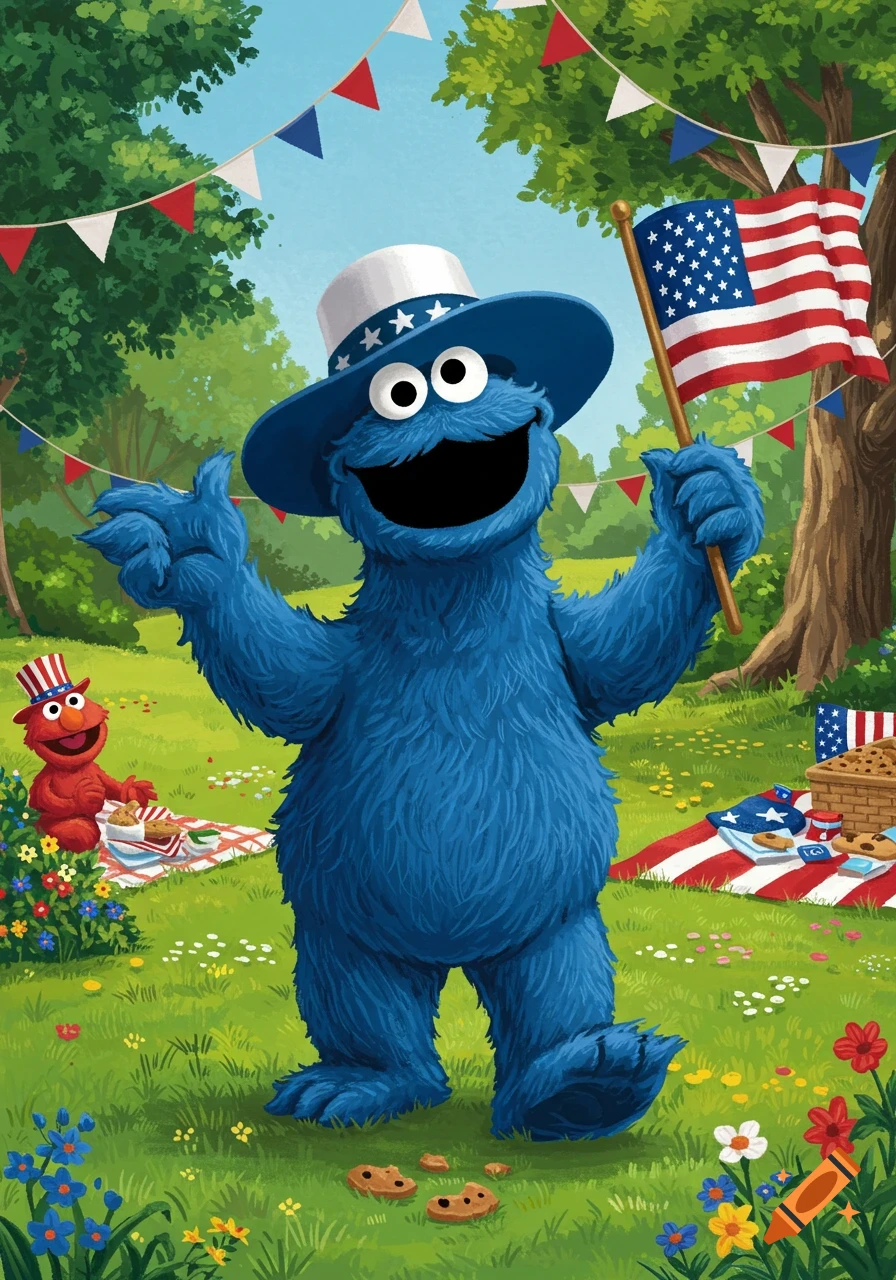 Cookie Monster in a blue stars-and-stripes hat holds an American flag, while Elmo enjoys a patriotic picnic in a vibrant park.