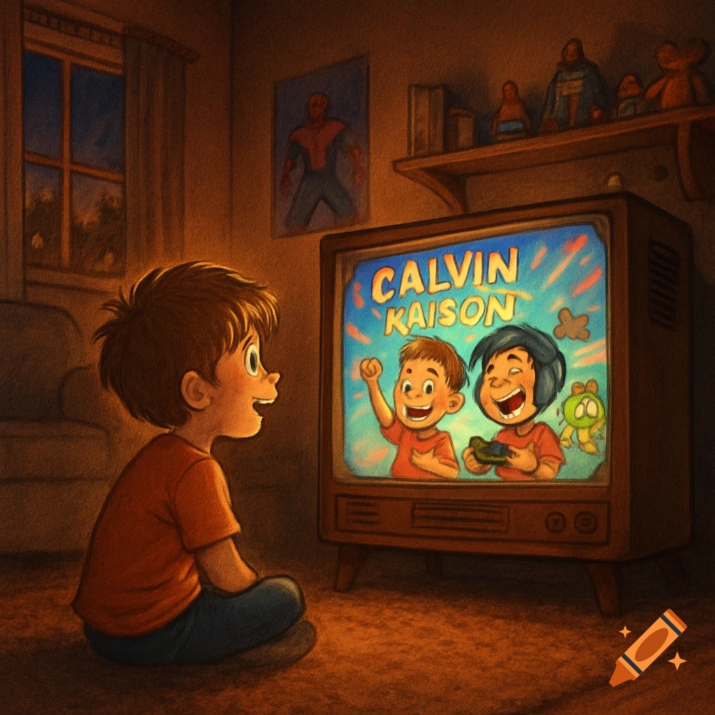 A young boy sits on the floor, smiling as he watches a cartoon gaming show titled 'Calvin Kaison' on an old TV in a dim room.