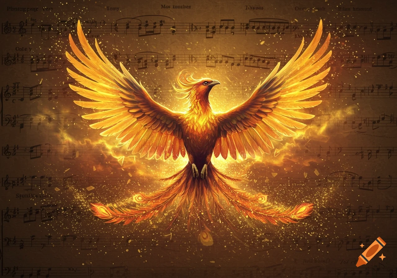 Vibrant golden phoenix with wings spread, glowing intensely against a backdrop of an antique musical score with golden sparks.