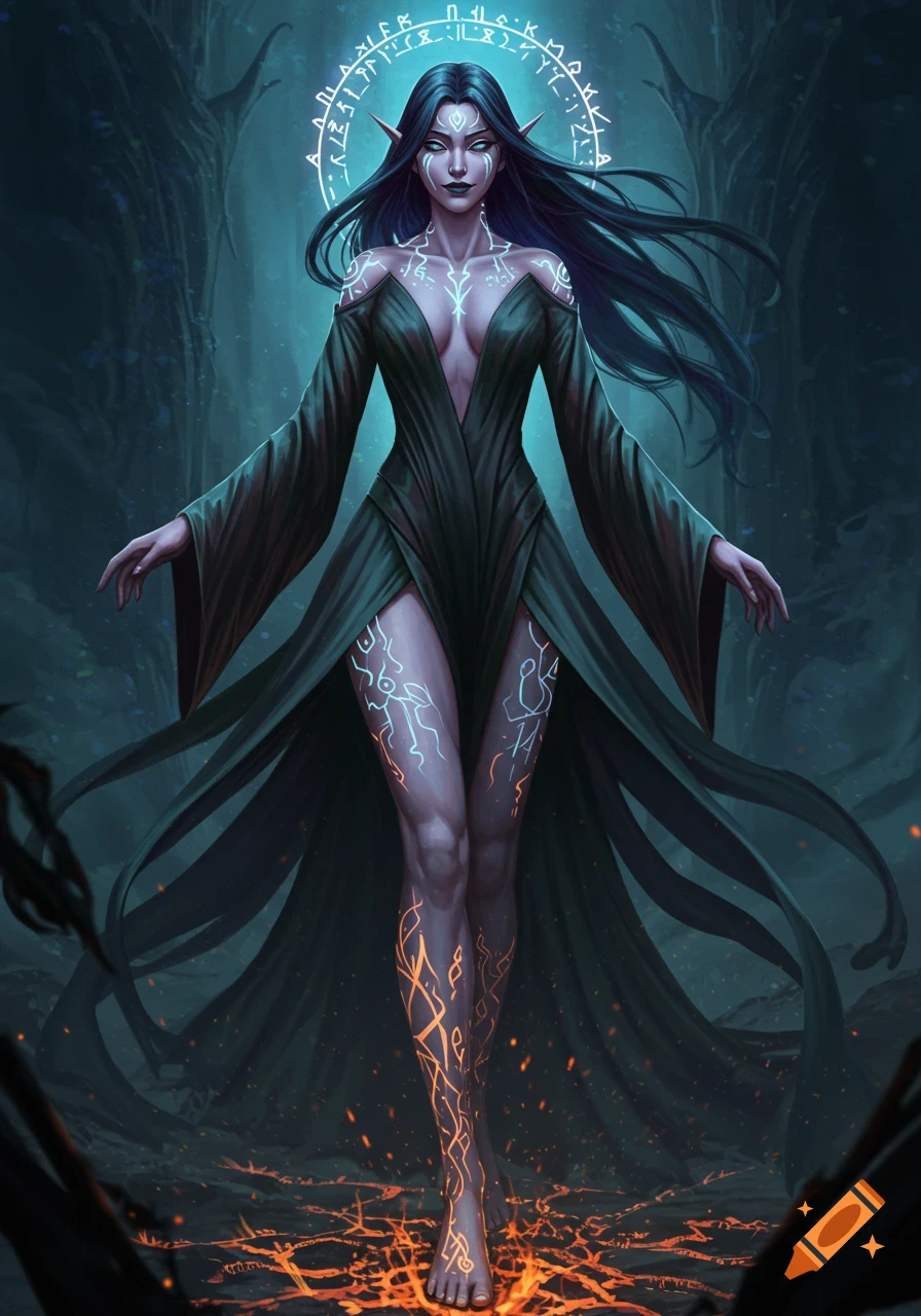 A tall, elegant female elf with glowing runes on her skin and a halo of runes around her head, in a dark, magical forest.