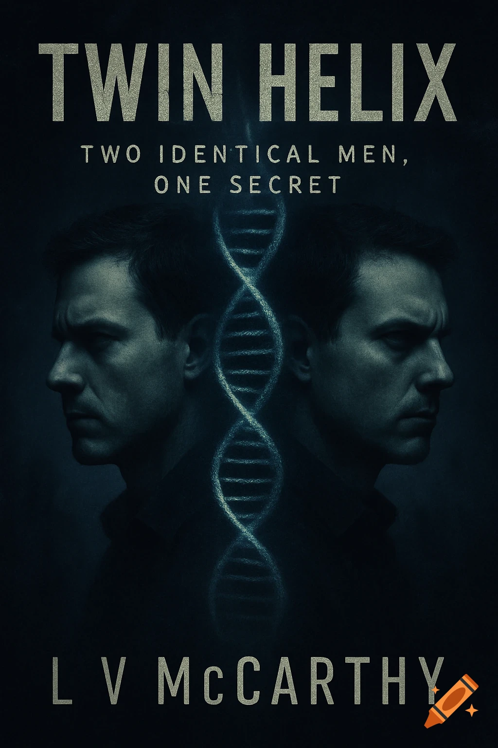 Dark book cover for 'Twin Helix' featuring two side-facing identical men with a glowing DNA double helix between them.