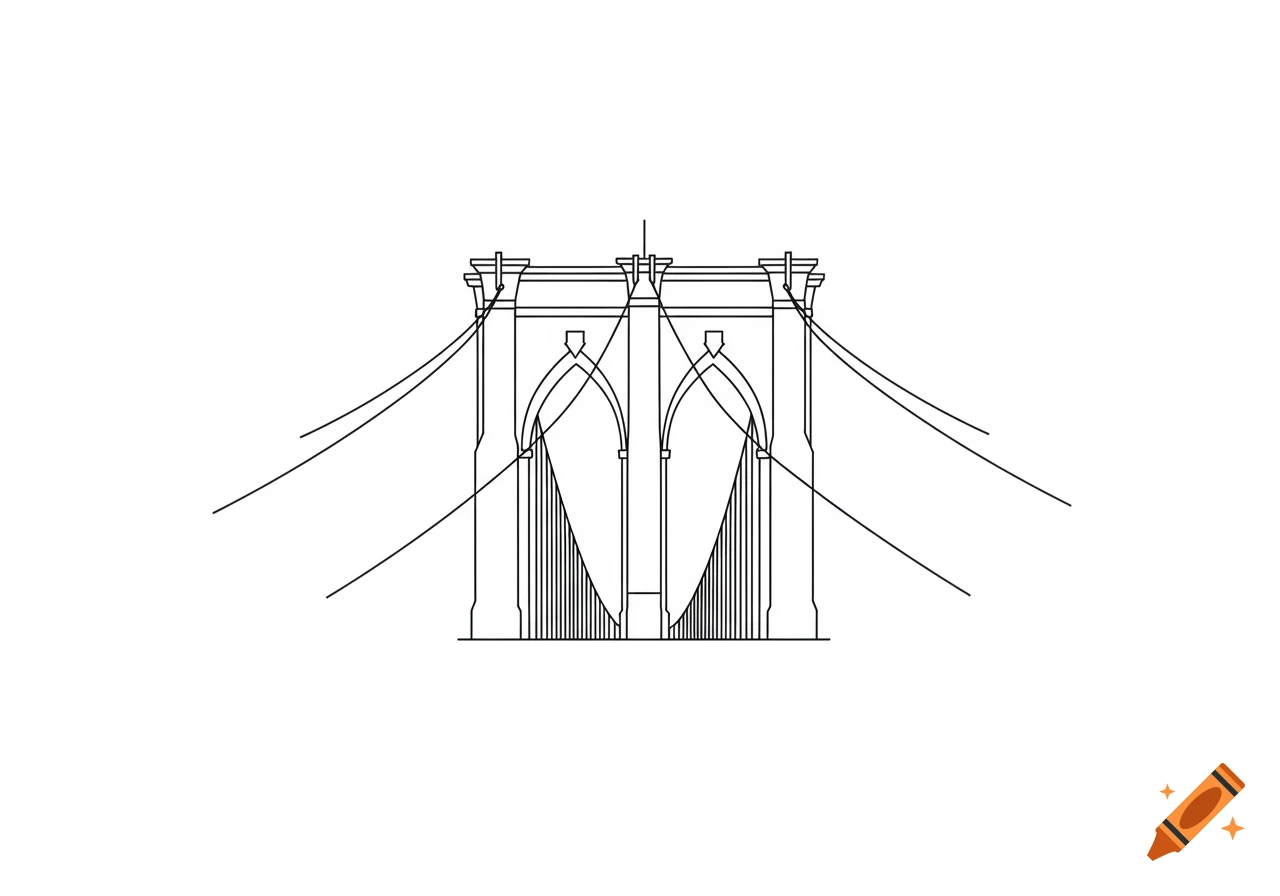 A simple line art drawing depicting the iconic towers and cables of the Brooklyn Bridge against a white background.