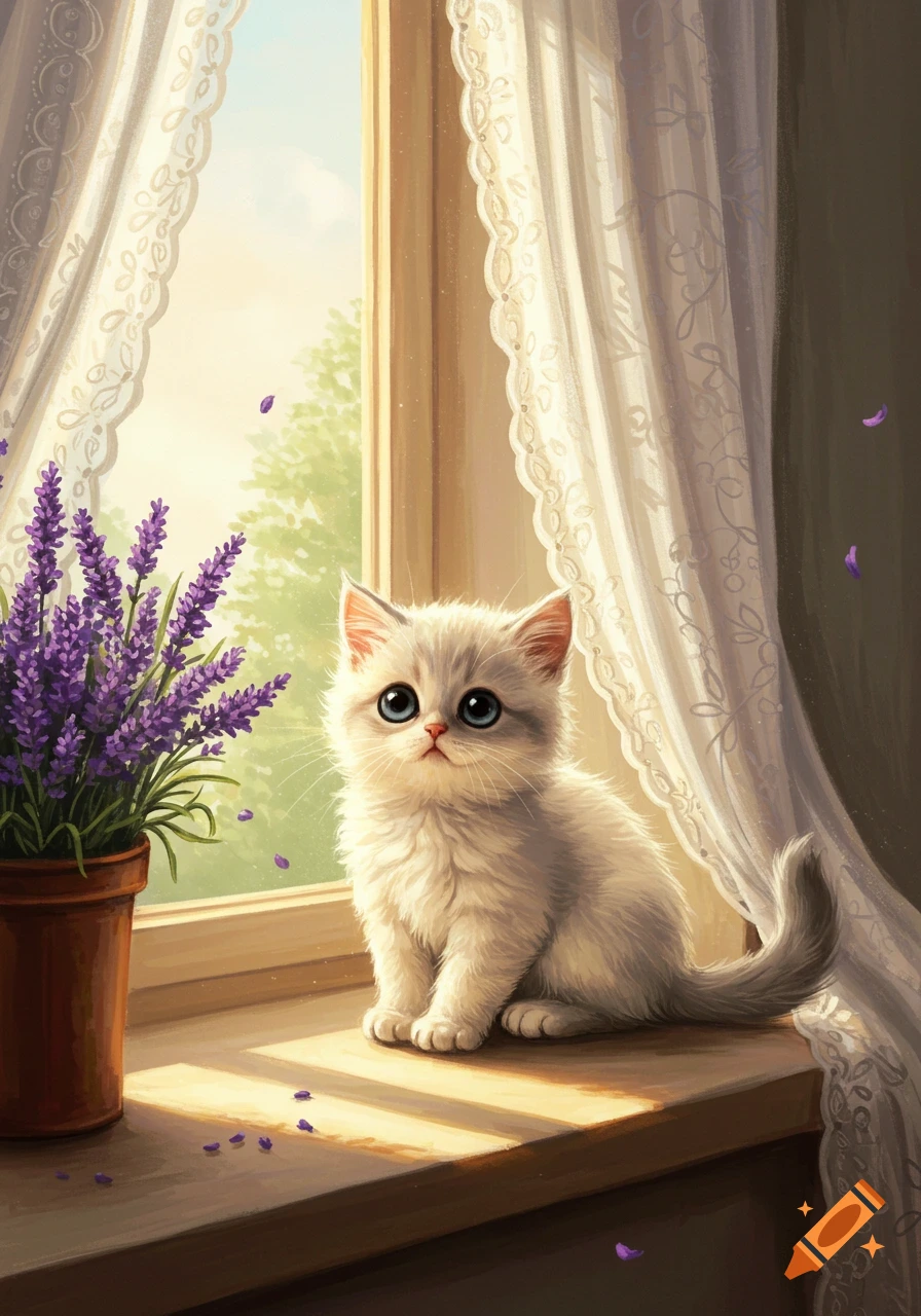 A fluffy white kitten with big blue eyes sits on a sunlit windowsill next to a pot of purple lavender flowers, with lace curtains.