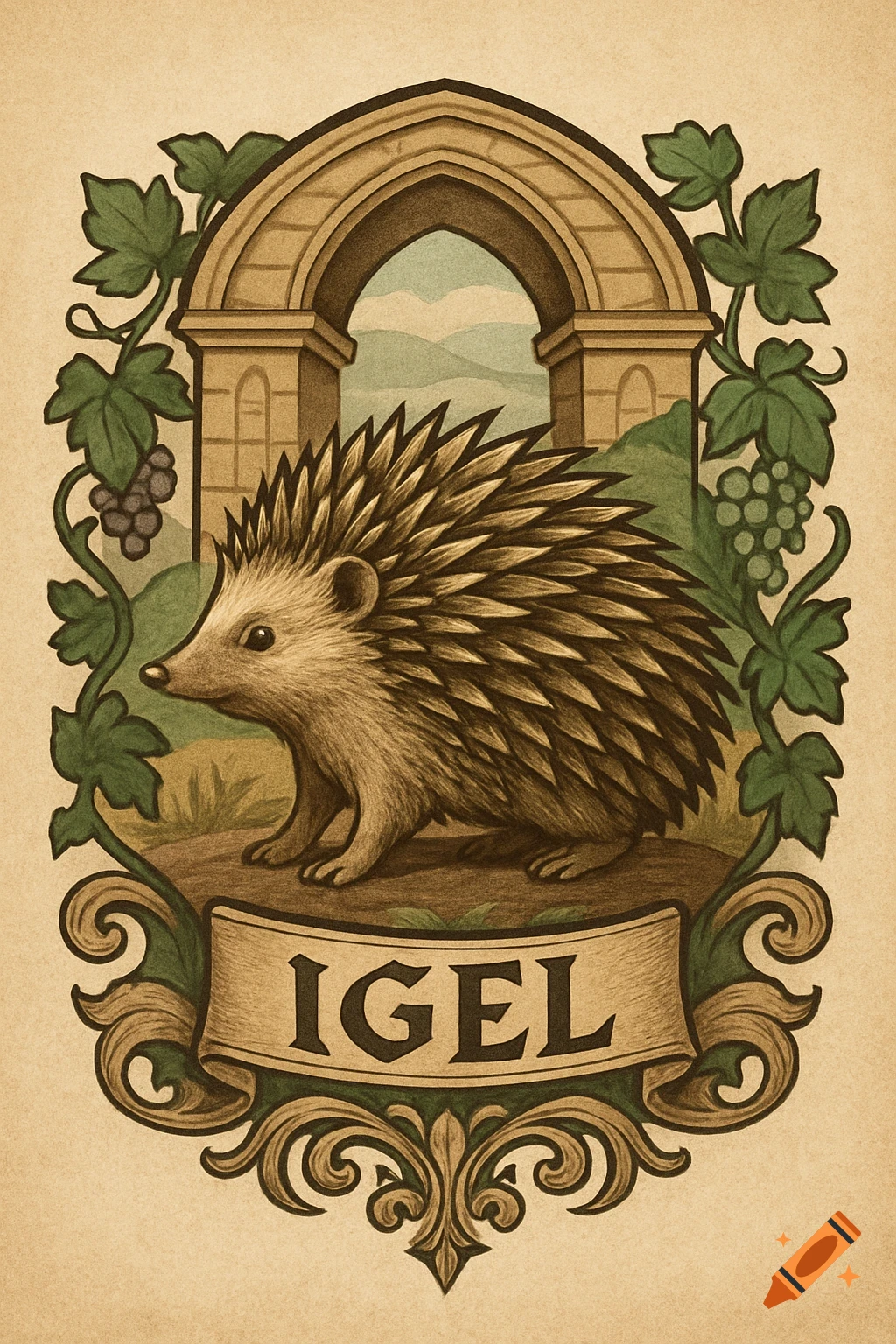 Stylized illustration of a hedgehog in an ornate emblem with grapevines and 'IGEL' on a banner.