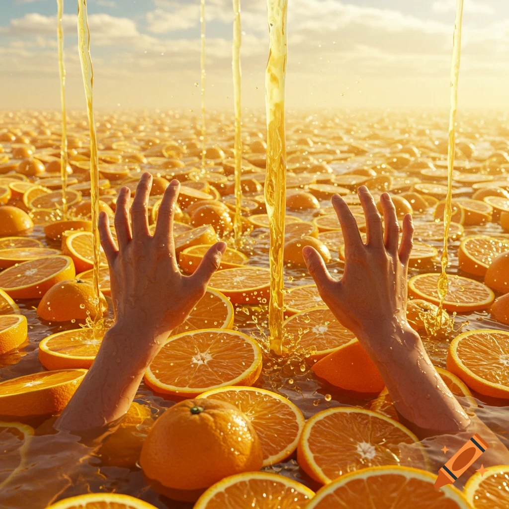 Hyper-realistic hands emerge from a surreal ocean of orange juice and sliced oranges, with juice pouring from above.
