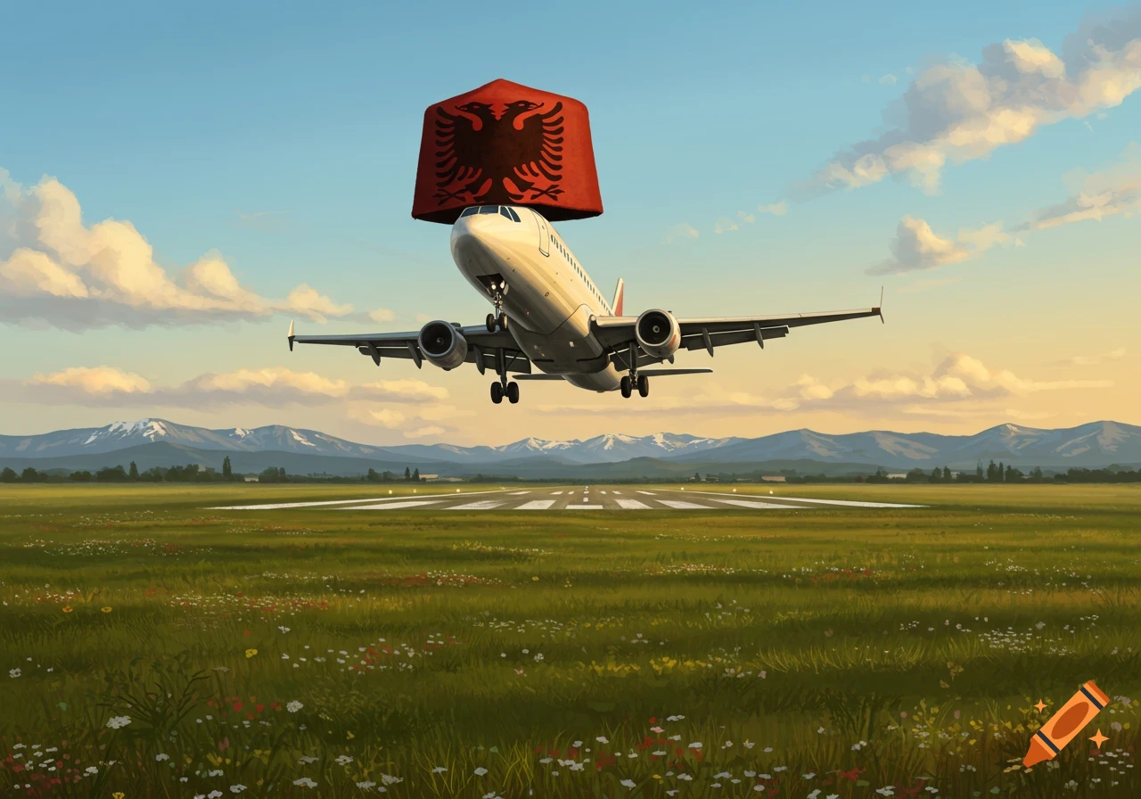 An illustrated airplane with a red Albanian hat flying low over a runway in a green field with mountains, under a partly cloudy sky.