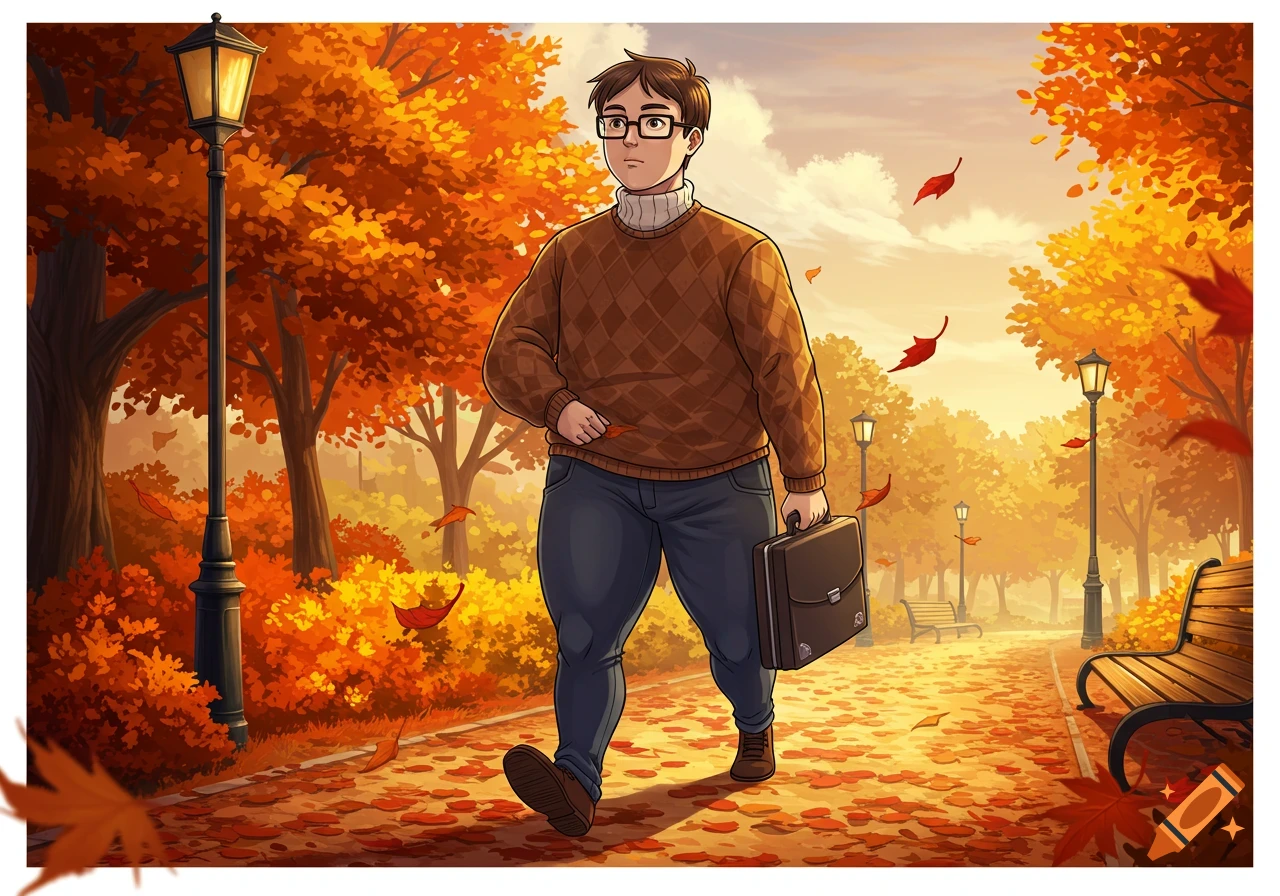 An anime-style computer nerd in a brown sweater and glasses walks through an autumn park with falling orange and red leaves, carrying a briefcase.
