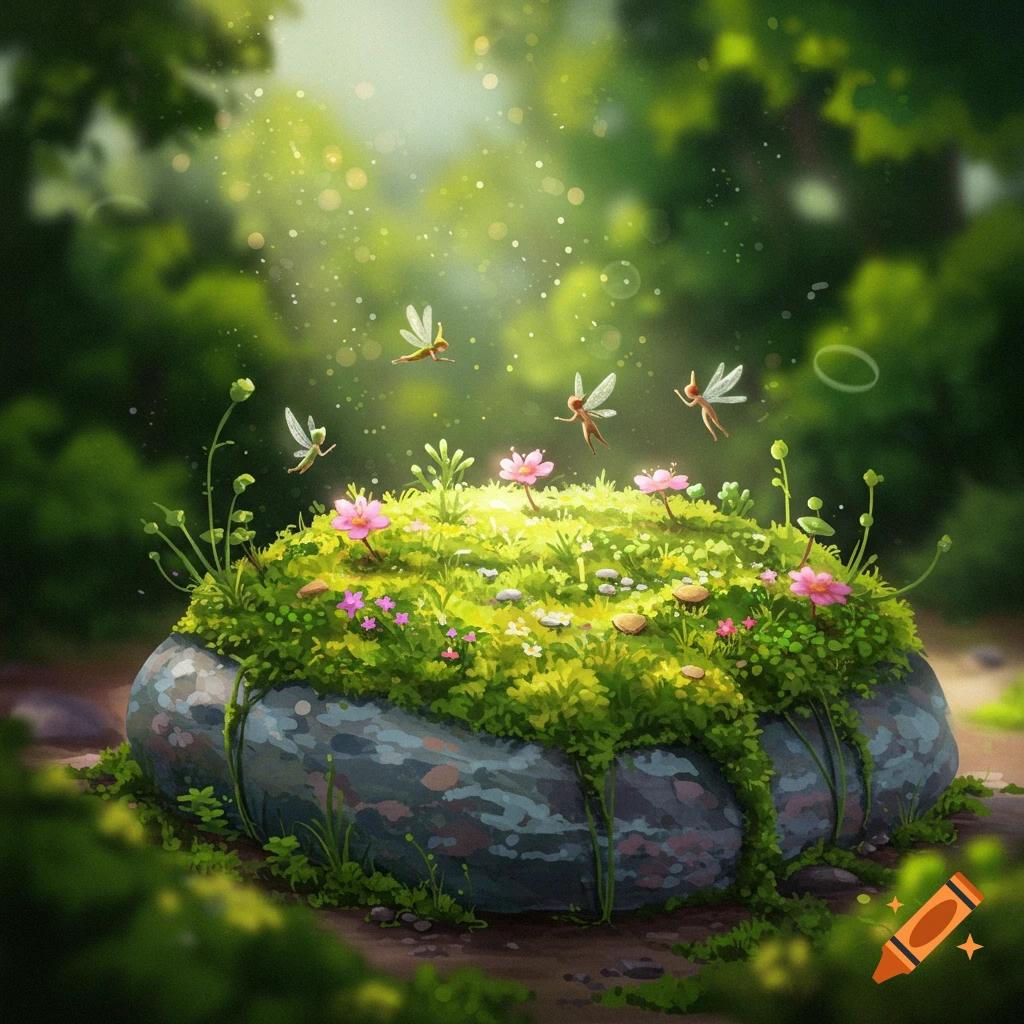 A magical forest scene with small fairies flying above a moss-covered rock adorned with pink flowers, bathed in soft, glowing light.