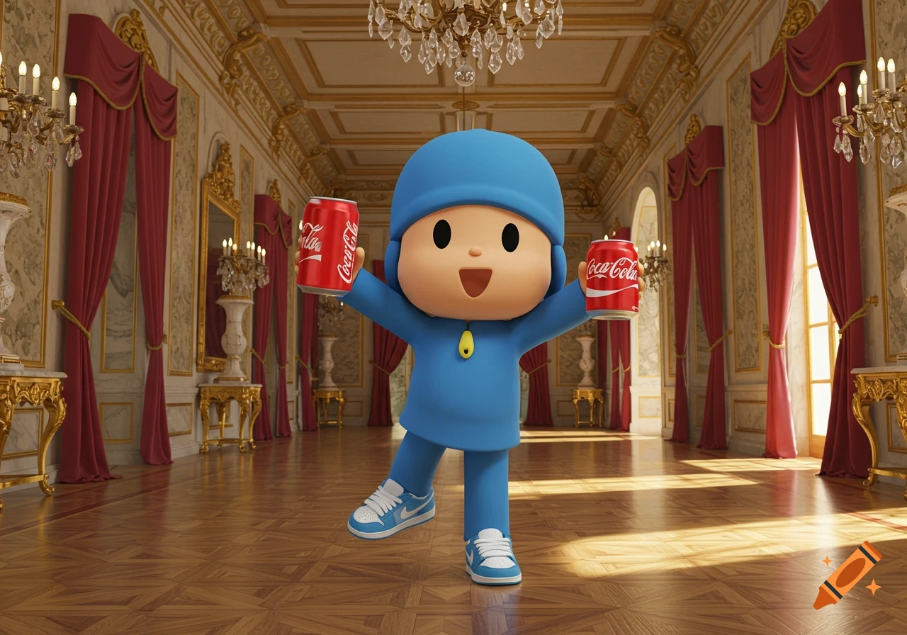 Pocoyo, a blue cartoon character, holds two Coca-Cola cans and wears Nike shoes in a luxurious mansion ballroom.