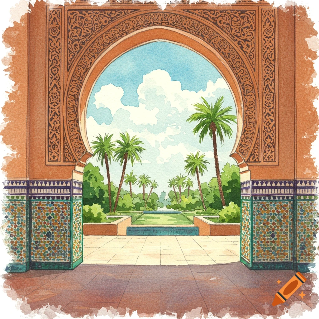 A watercolor painting of an ornate Moroccan archway opening to a lush garden with palm trees and a tranquil pool under a blue sky.