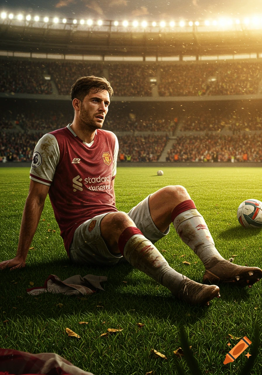 A photorealistic image of a male footballer in a red and white jersey sitting on the green grass of a stadium at sunset.