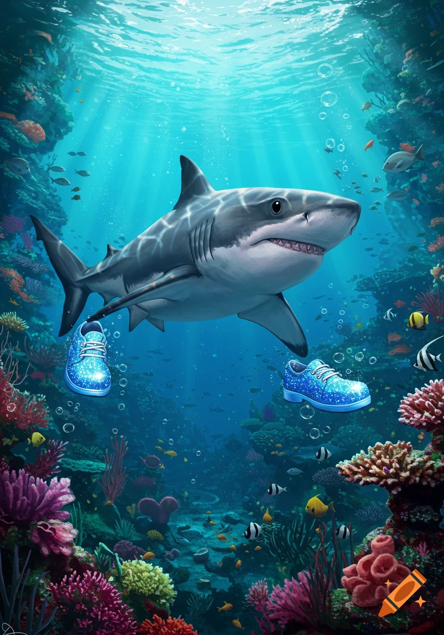 A shark swims through a vibrant coral reef, with two sparkling blue shoes floating near it in the clear blue water.