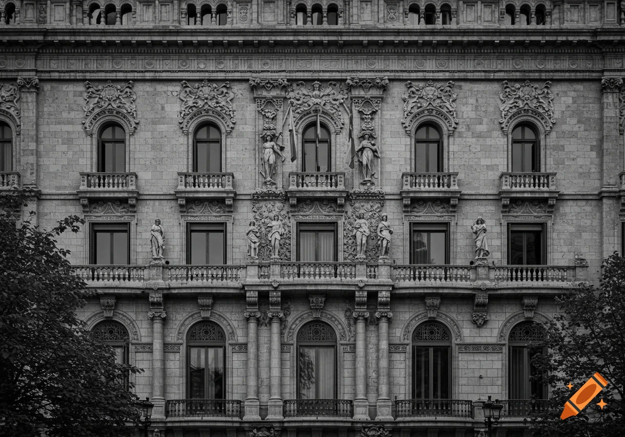 Ornate, monochromatic facade of a large, old building with numerous windows, balconies, and statues, with trees on either side.
