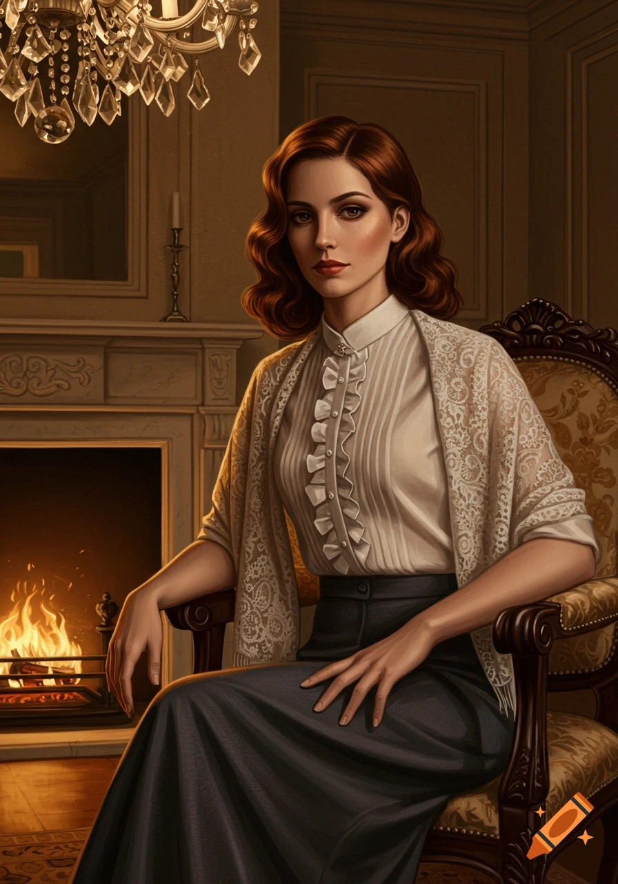 A woman with red hair in a ruffled blouse and lace shawl sits in an elegant vintage room by a fireplace.