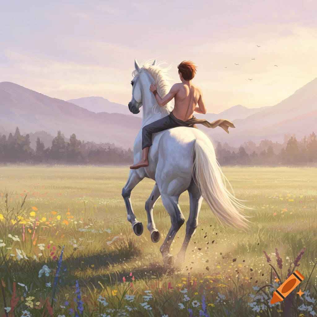 A shirtless young man rides bareback on a galloping white horse through a wildflower meadow at sunrise, digital art.