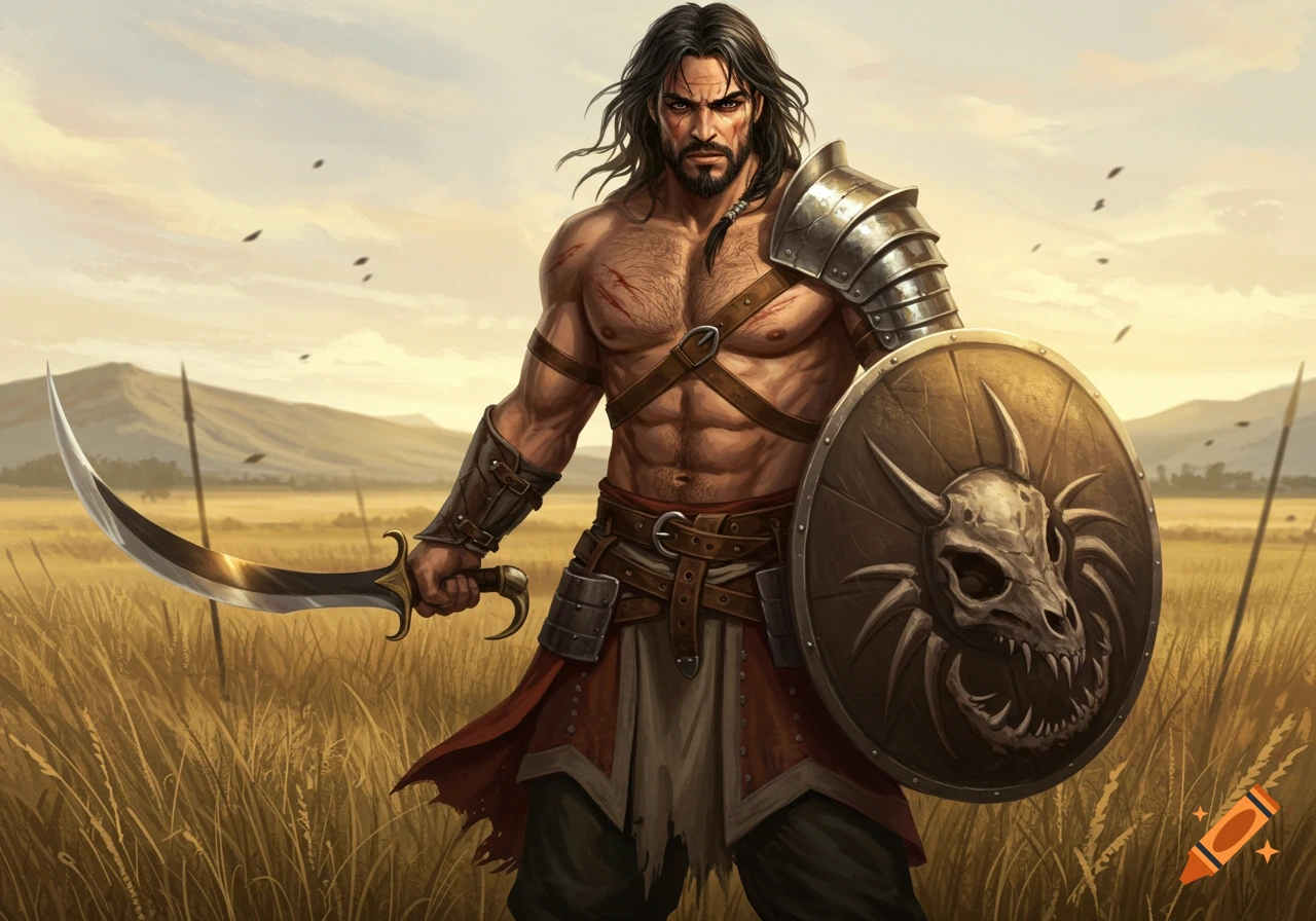 Muscular, weathered warrior with dark hair and beard, in leather armor, holding a scimitar and a dragon skull shield in a grassy field.