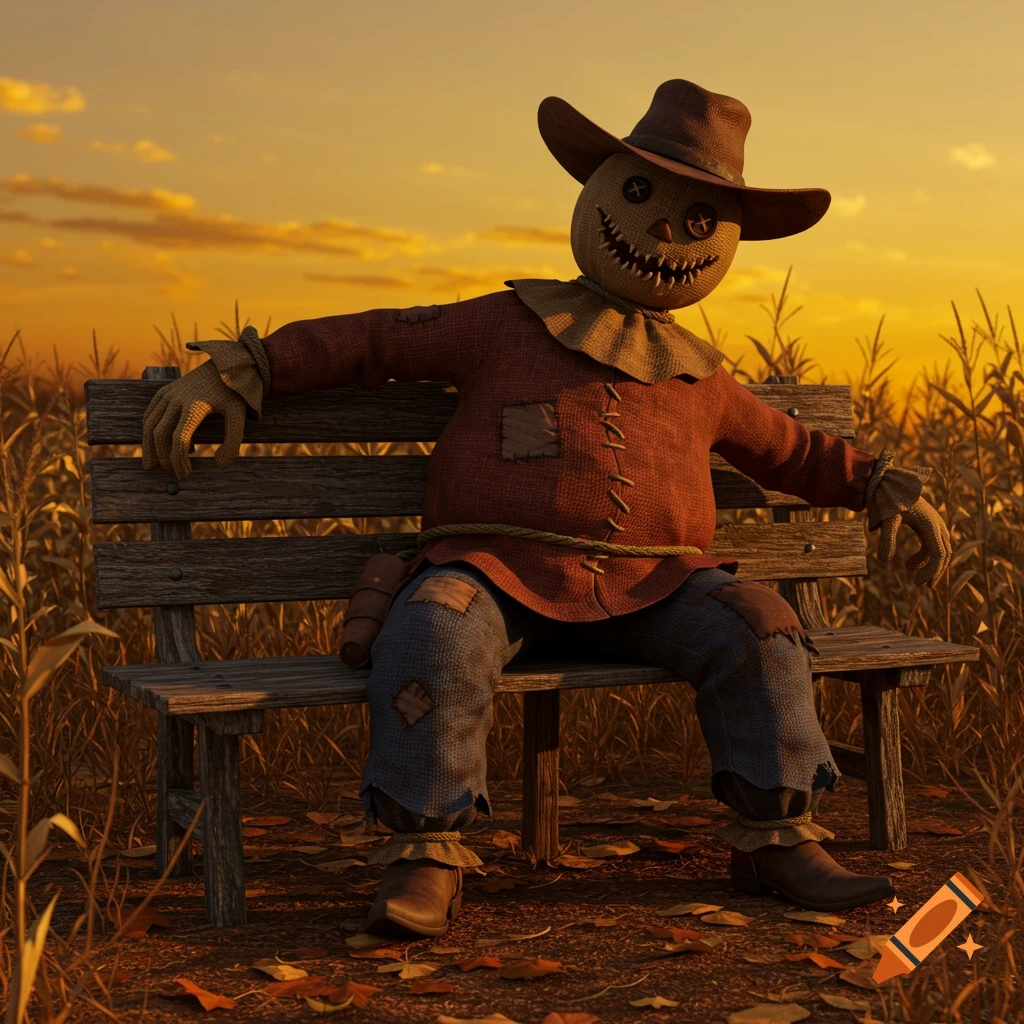 A 3D sinister scarecrow in cowboy clothes sits on a wooden bench in a field at sunset.