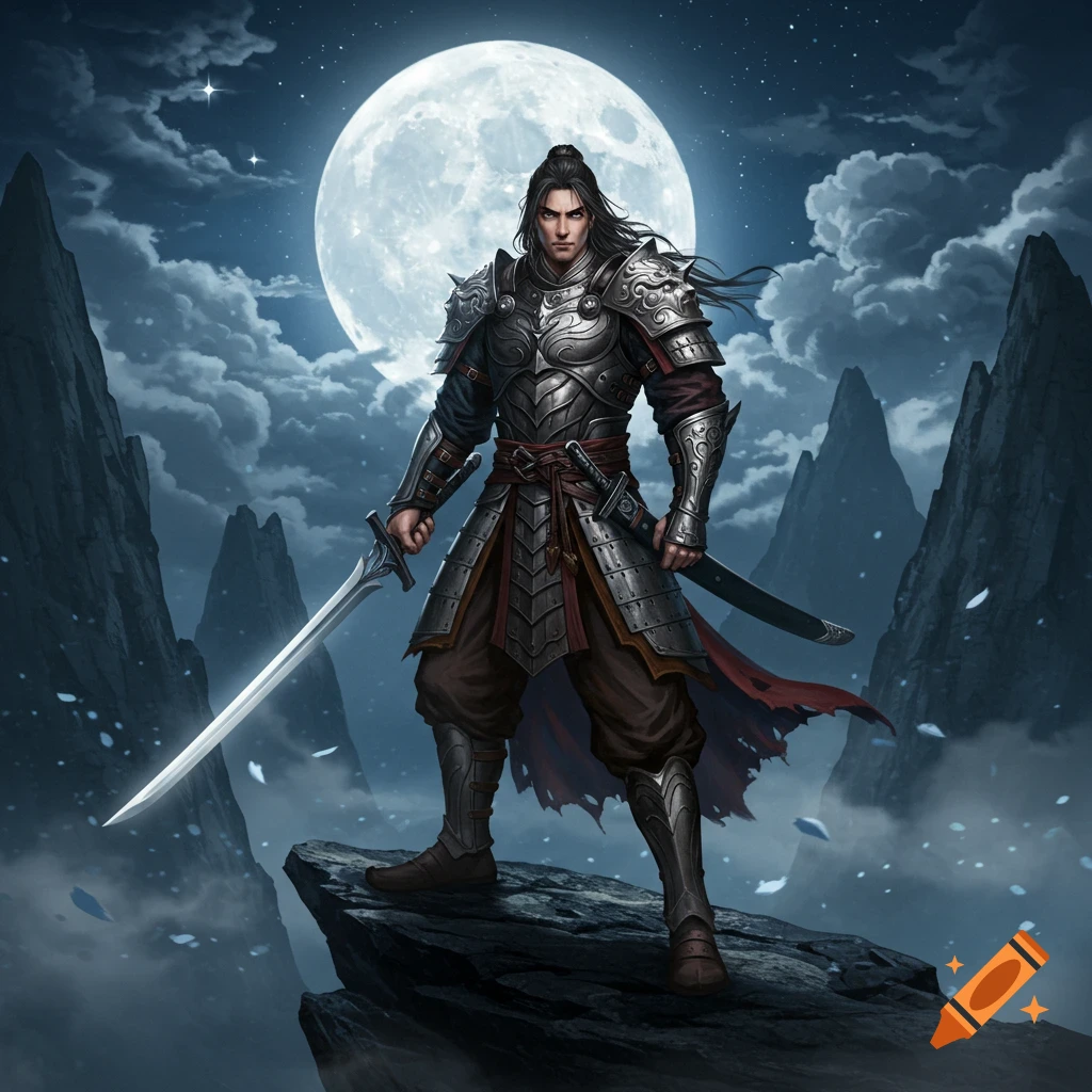A formidable warrior in intricate armor stands on a rocky mountain peak under a large full moon, holding a glowing sword.