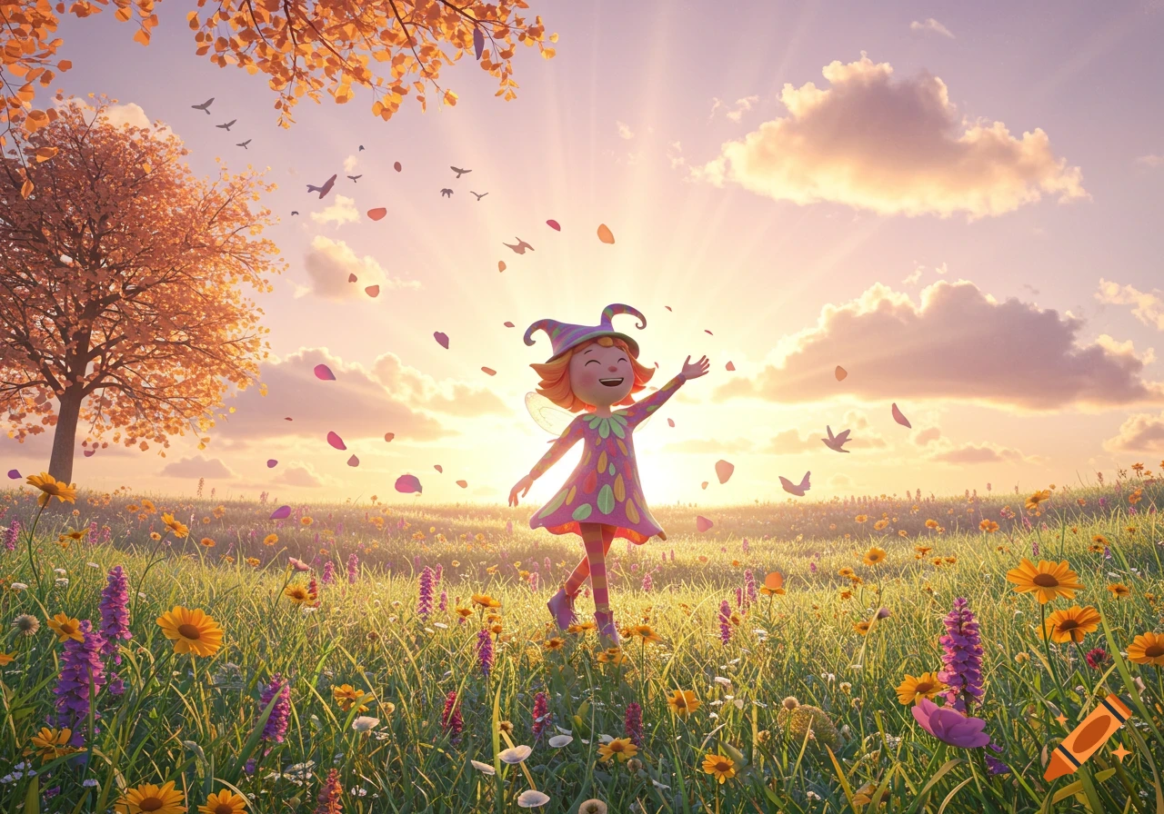 A cheerful cartoon fairy in a colorful dress stands in a vibrant flower meadow at sunset, with autumn leaves falling and birds flying.