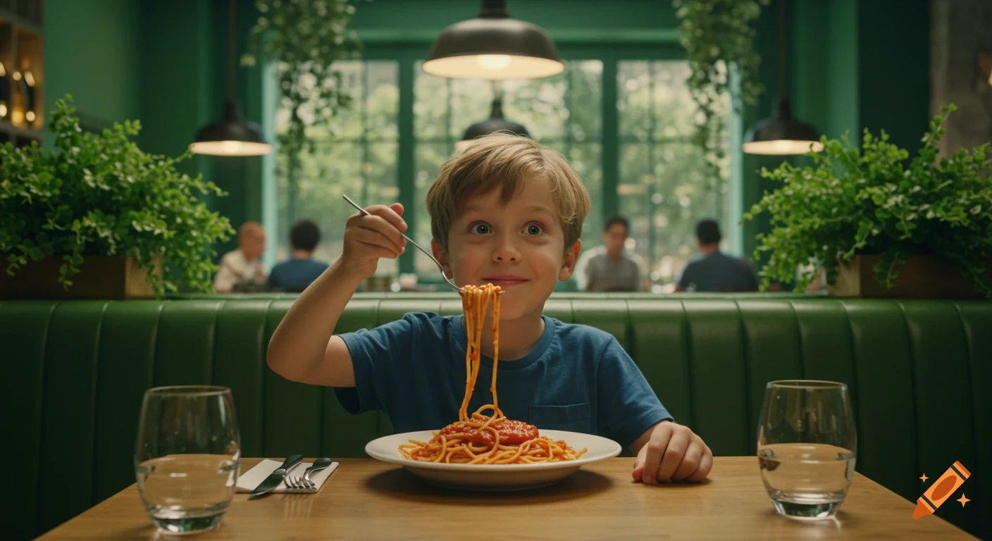 A young boy with wide eyes holds a forkful of spaghetti with tomato sauce, looking directly at the viewer in a green restaurant.