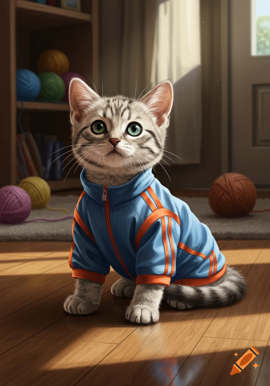 A photorealistic American Shorthair kitten sits on a wooden floor, wearing a blue and orange tracksuit, with yarn and a bookshelf in the background.