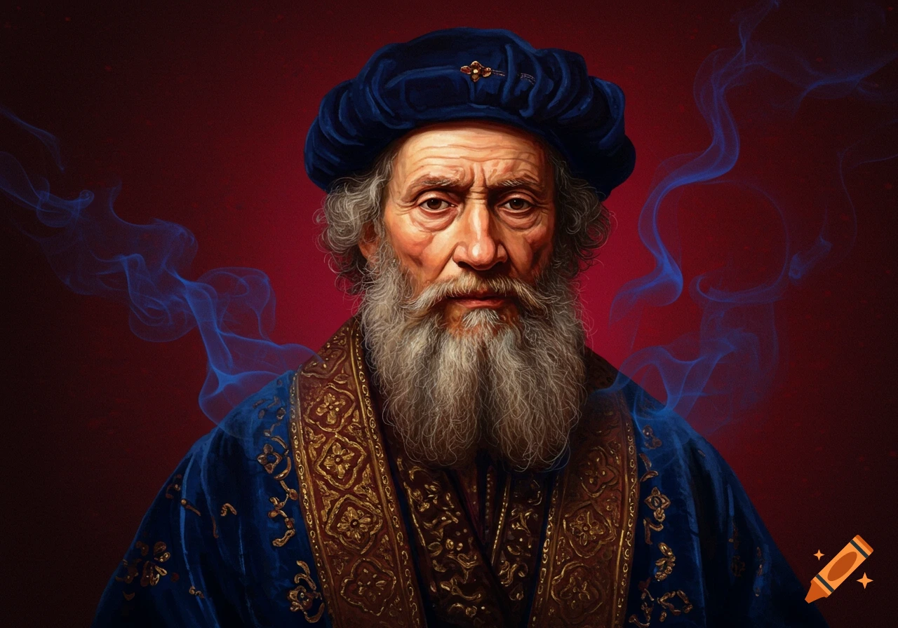 A painted portrait of an old man with a long grey beard, wearing a blue turban and an ornate blue and gold robe against a red background with blue smoke.