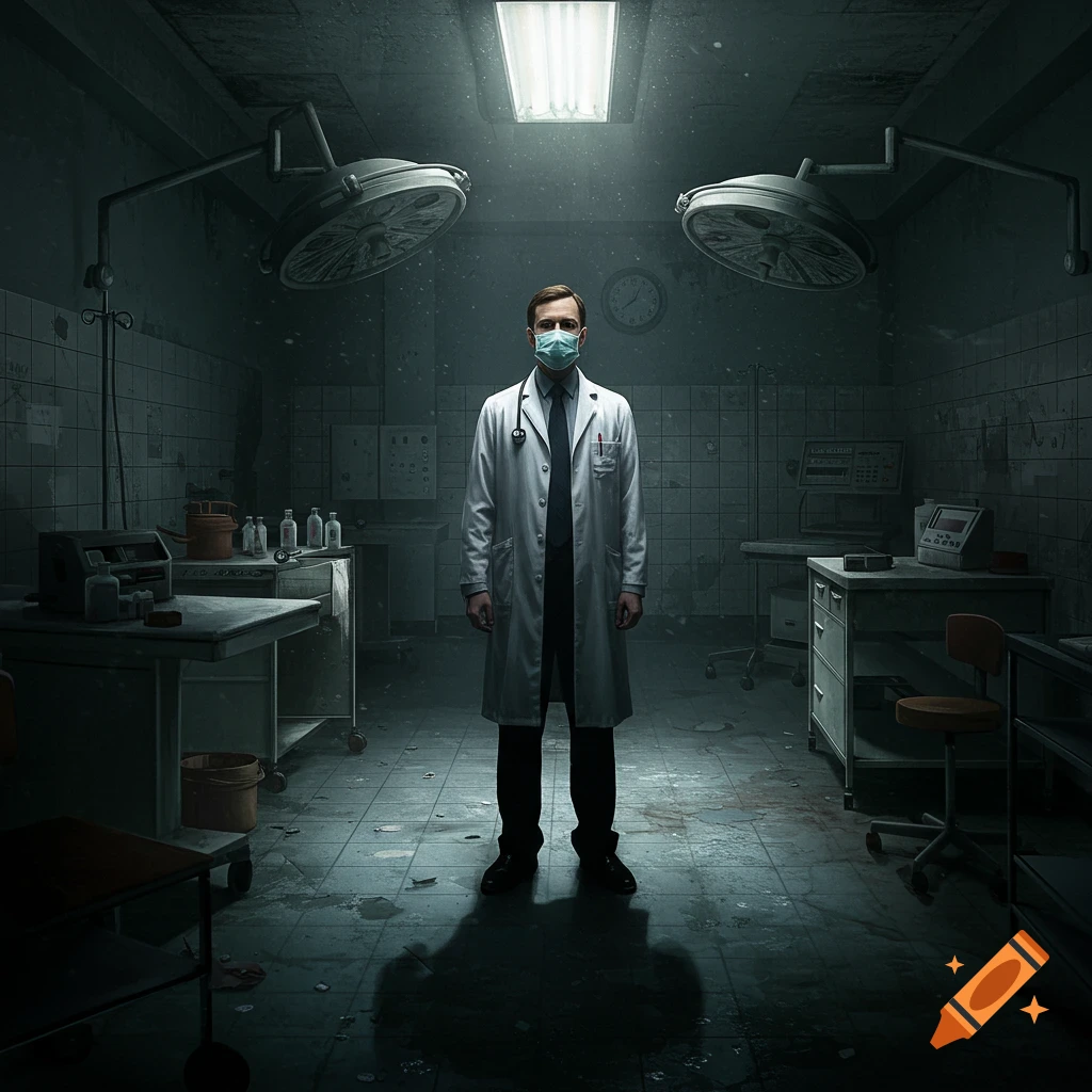 A doctor in a white coat and mask stands in the center of a dark, grim, abandoned examination room.