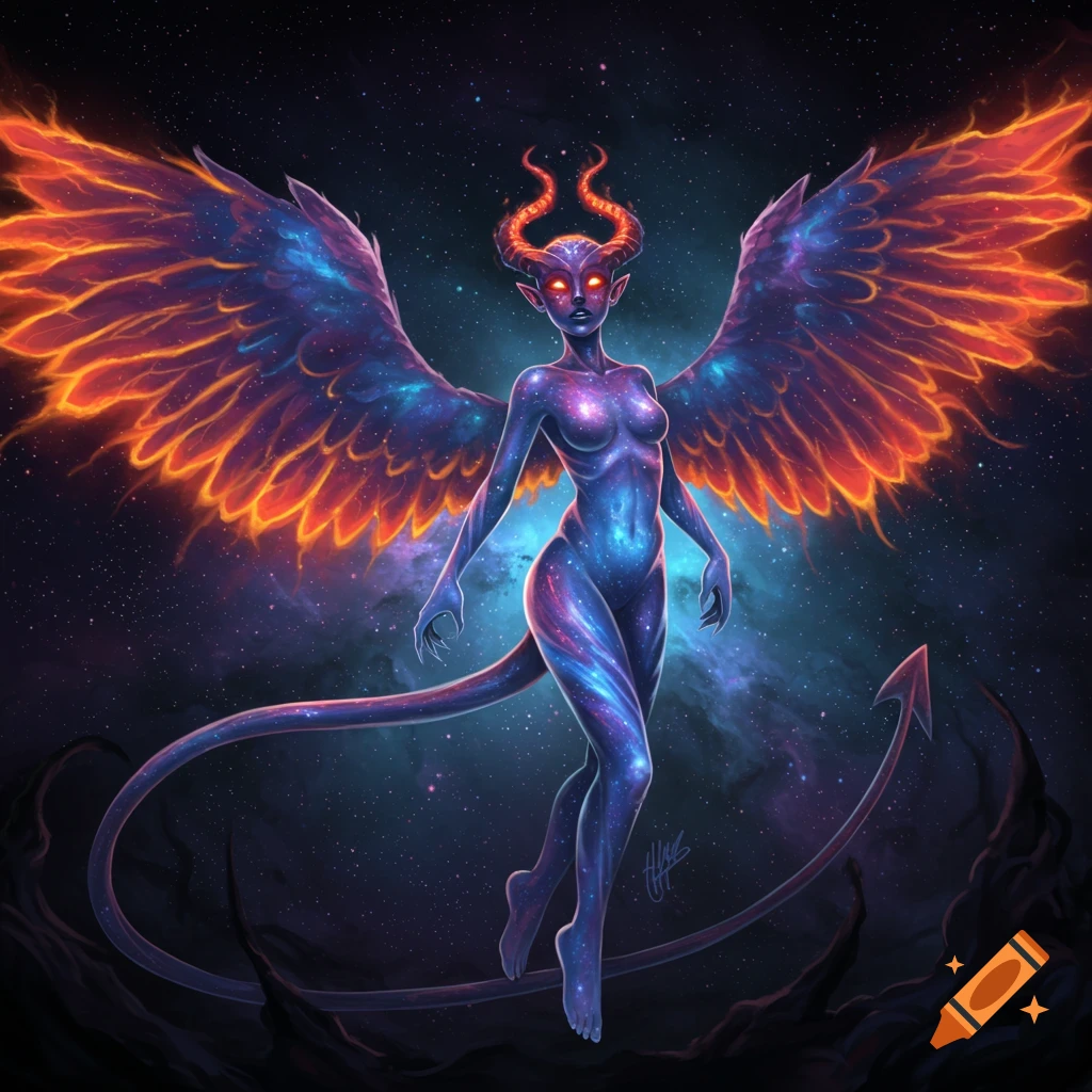 A celestial demon woman with glowing red eyes, fiery horns, and blazing wings, stands against a starry space background. Digital art.