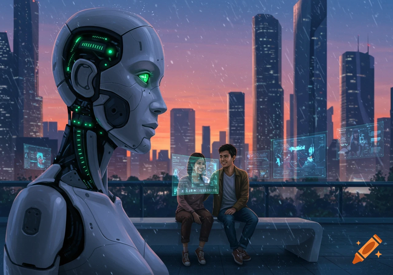 A large, white humanoid robot with glowing green accents looks over a futuristic city skyline. Two humans sit on a bench, interacting with holographic screens in the rainy, sunset-lit city.