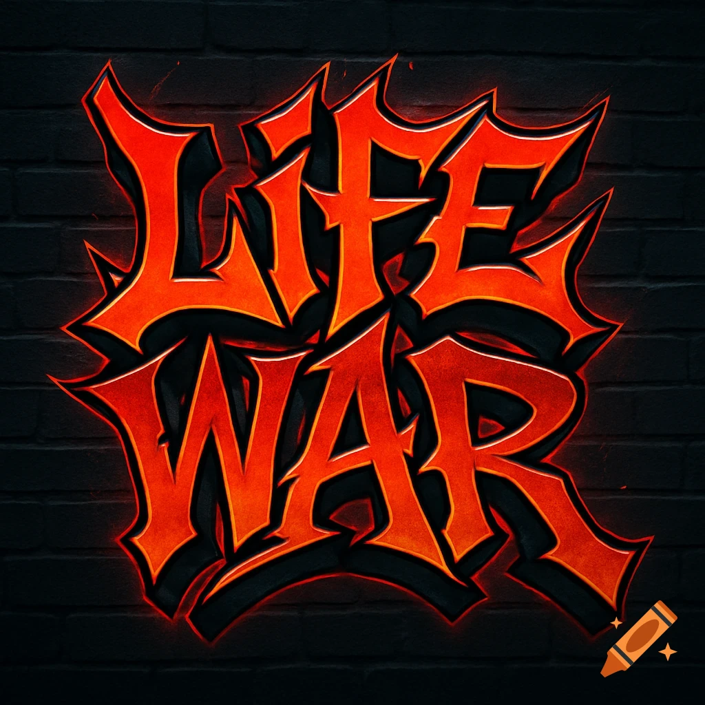 The words 'LIFE WAR' in vibrant red and orange graffiti style with a glowing outline on a dark brick wall.