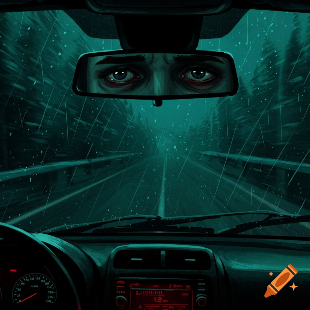 A stylized 2D horror animation from a car's interior at night. Stressed eyes reflect in the rearview mirror as rain streaks down the windshield, blurring the road and dark forest outside. The dim dashboard is visible.