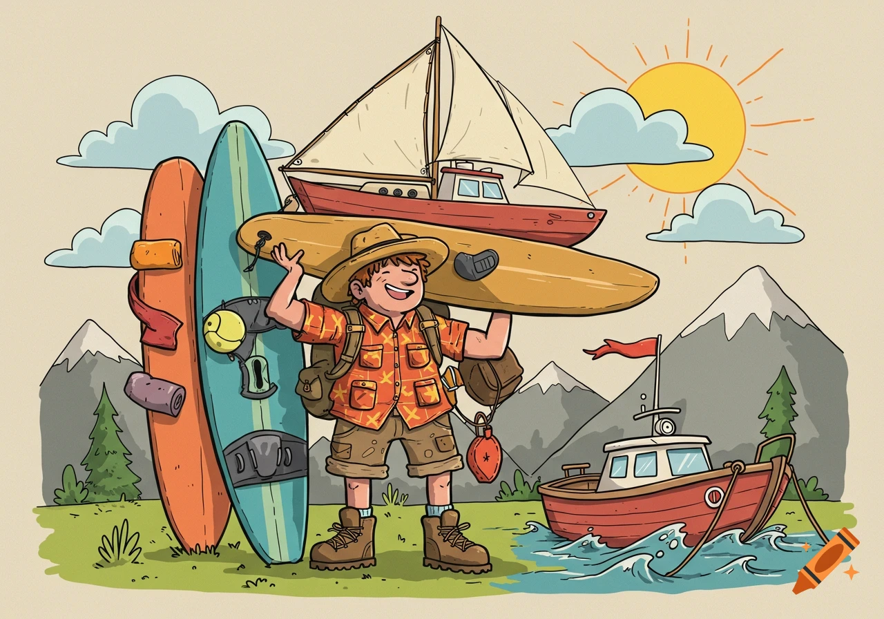 Cartoon illustration of a happy camper carrying a surfboard, with boats, mountains, and sun in a vibrant outdoor scene.