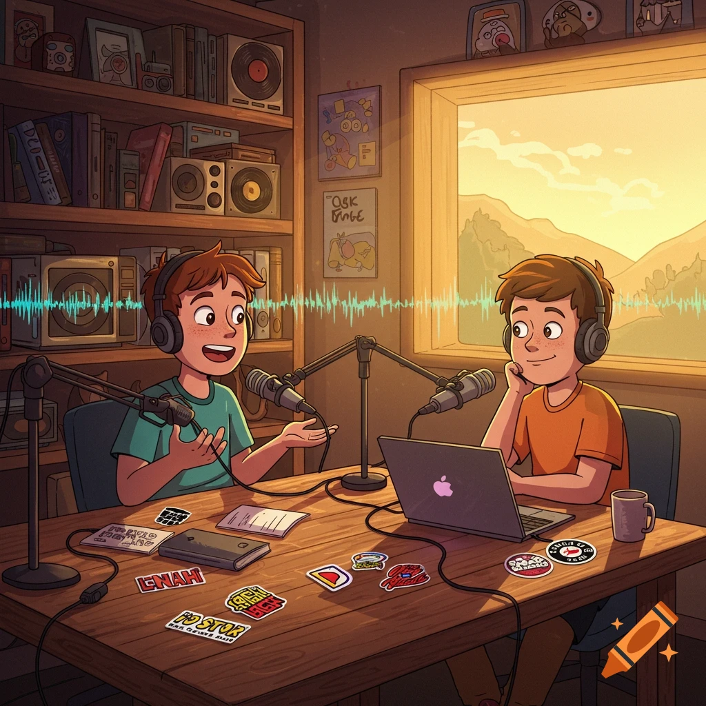 Two cartoon boys with headphones podcasting at a table with microphones and a laptop in a cozy room with a window at sunset.