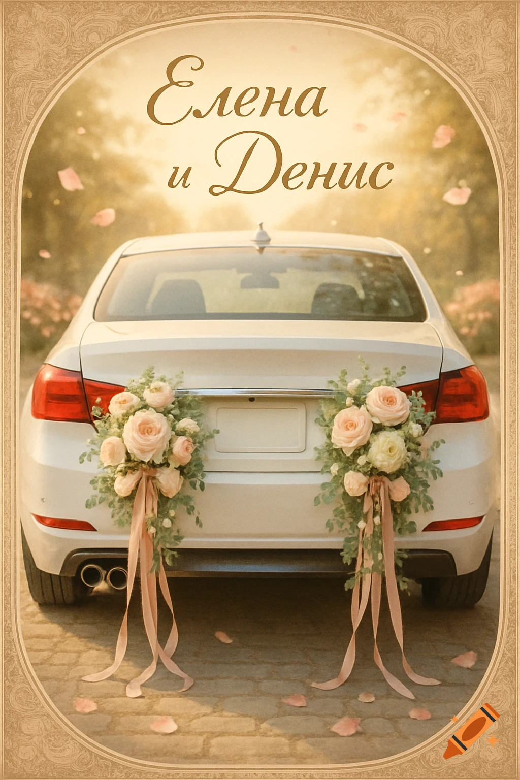 Rear view of a white car decorated with peach and white wedding flowers and ribbons, with falling petals and 'Elena and Denis' text.