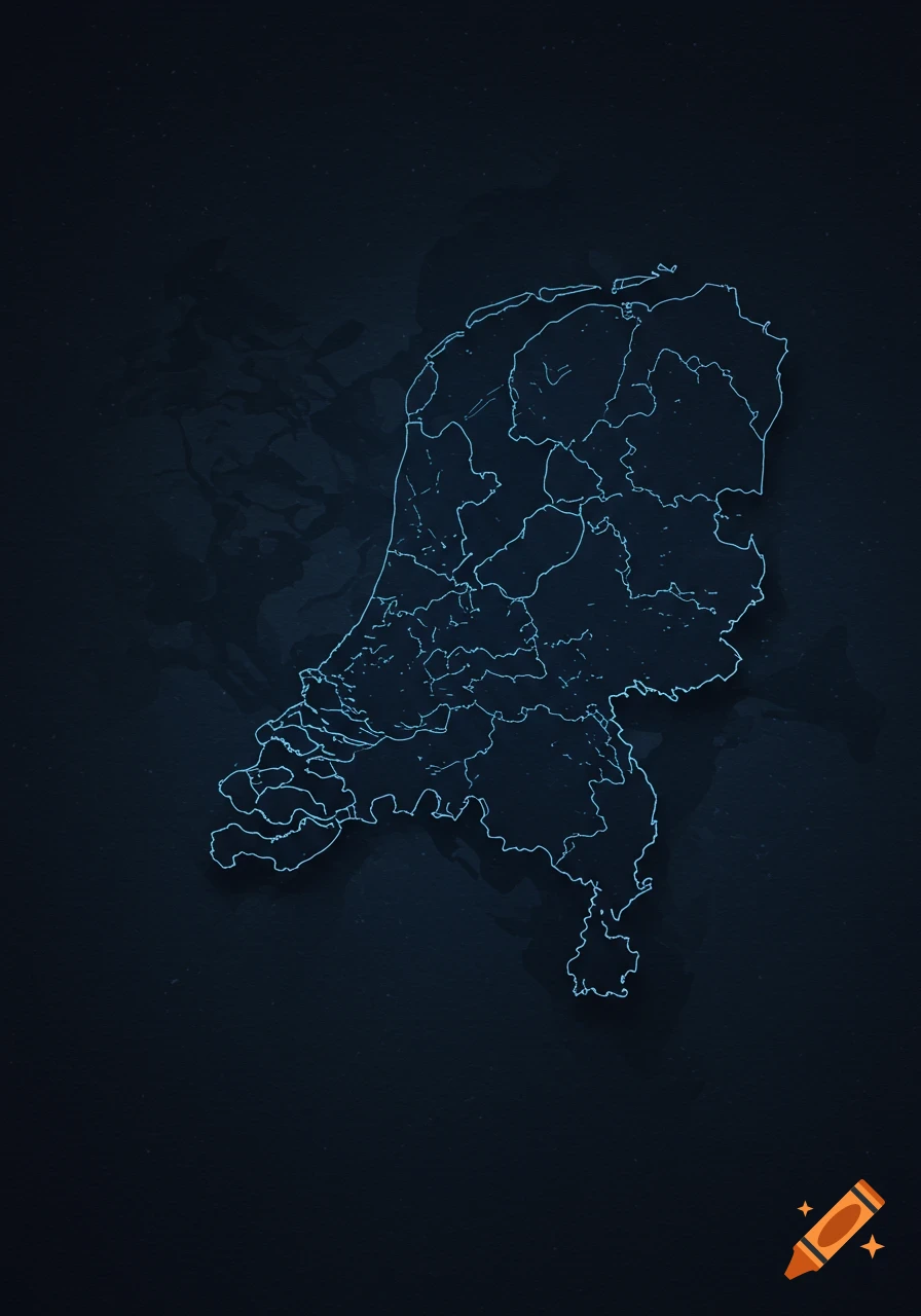 A dark blue wireframe silhouette map of the Netherlands, showing provincial borders.
