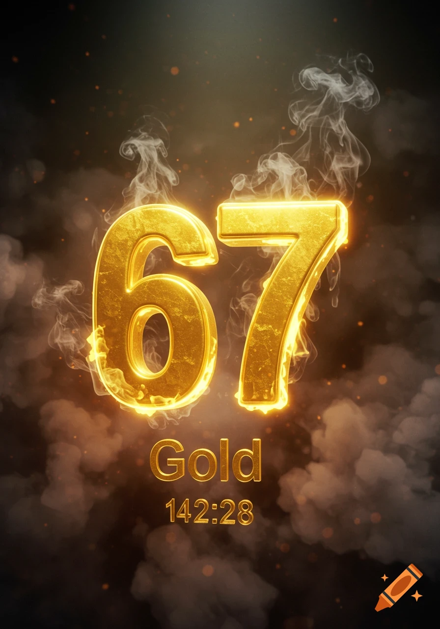Golden numbers 67 glow with fire and smoke on a dark background, with the word Gold and numbers 142:28 below them.